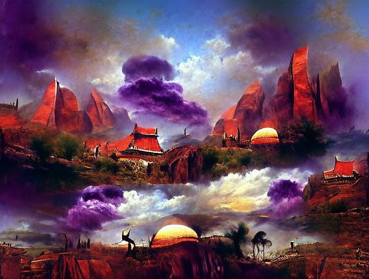 Exotic Landscape with Violet Sky and Silver Domes