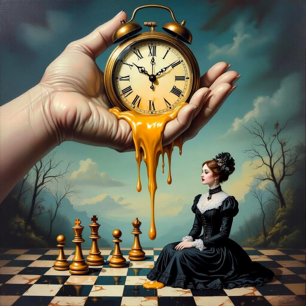 Surreal Victorian Woman and Melting Clock Oil Painting