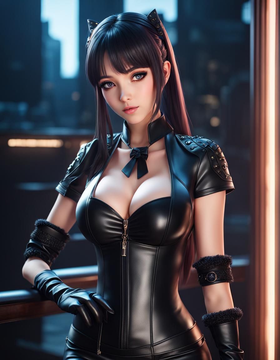 Anime Girl in Leather: Hyperdetailed Portrait