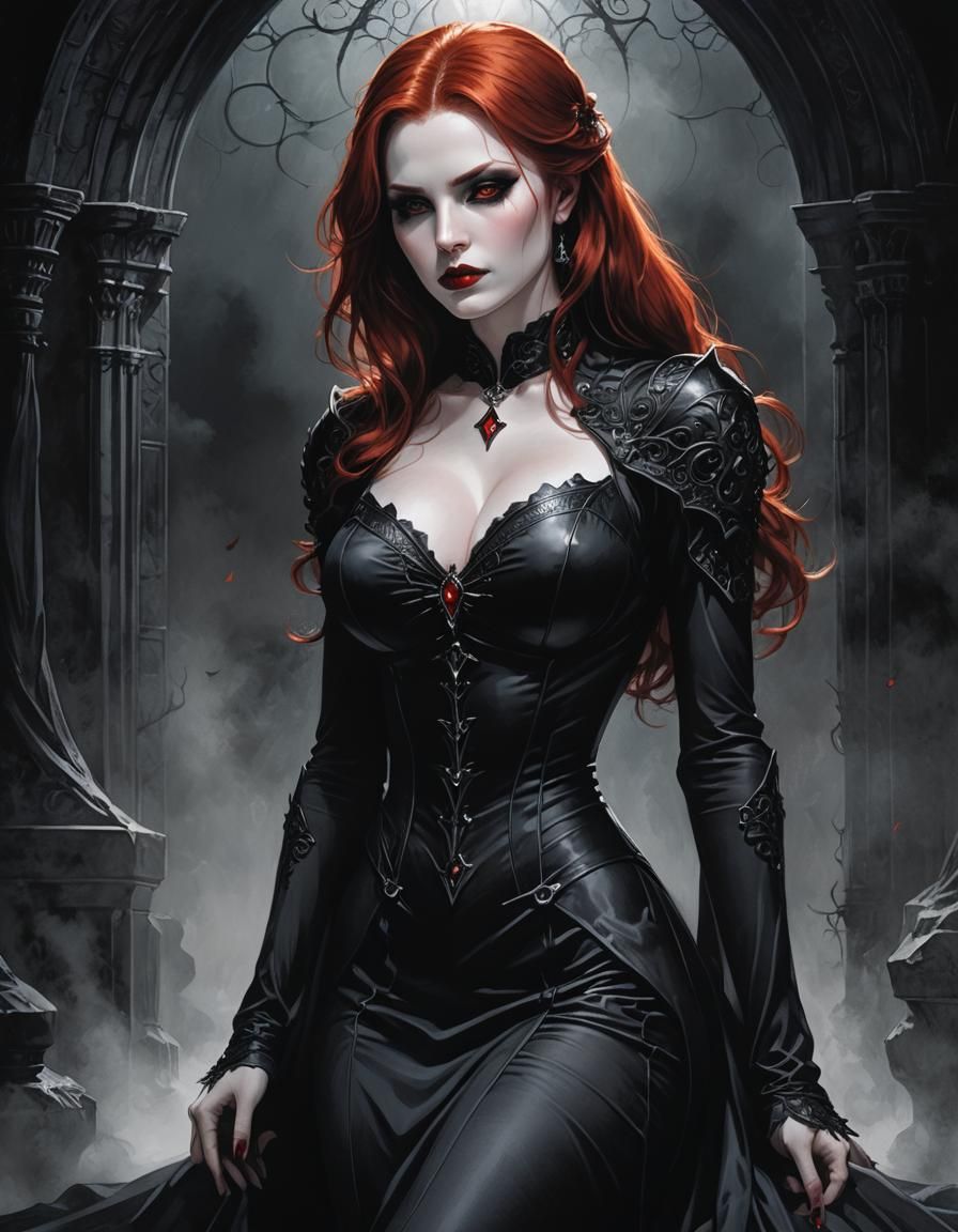 Redhead Vampire in Foggy Void: Gothic Art