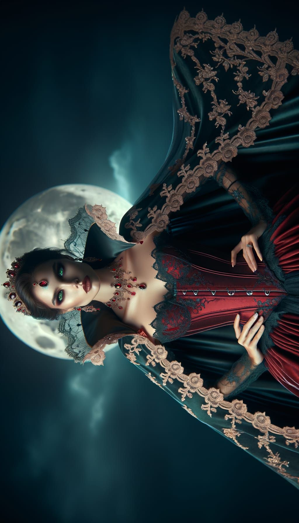 Vampire Queen with Emerald Eyes in Moonlit Setting