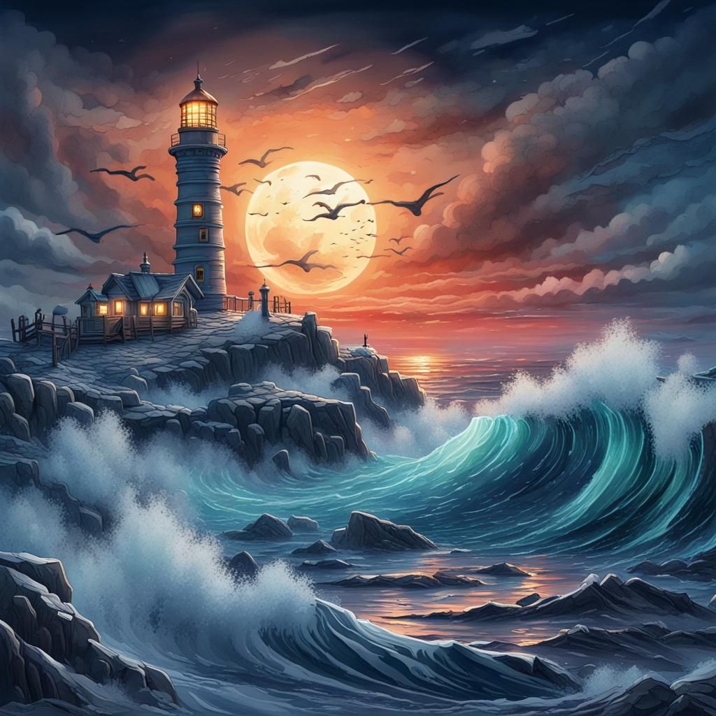 Chaotic Winter Seascape Lighthouse in Vibrant Colors