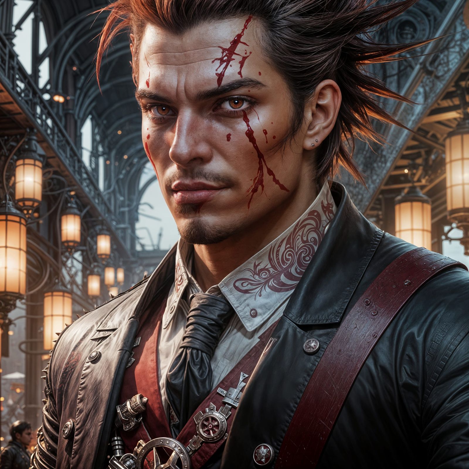 Medium Black Spiked Hair with Shades of Dark Red Highlights,...