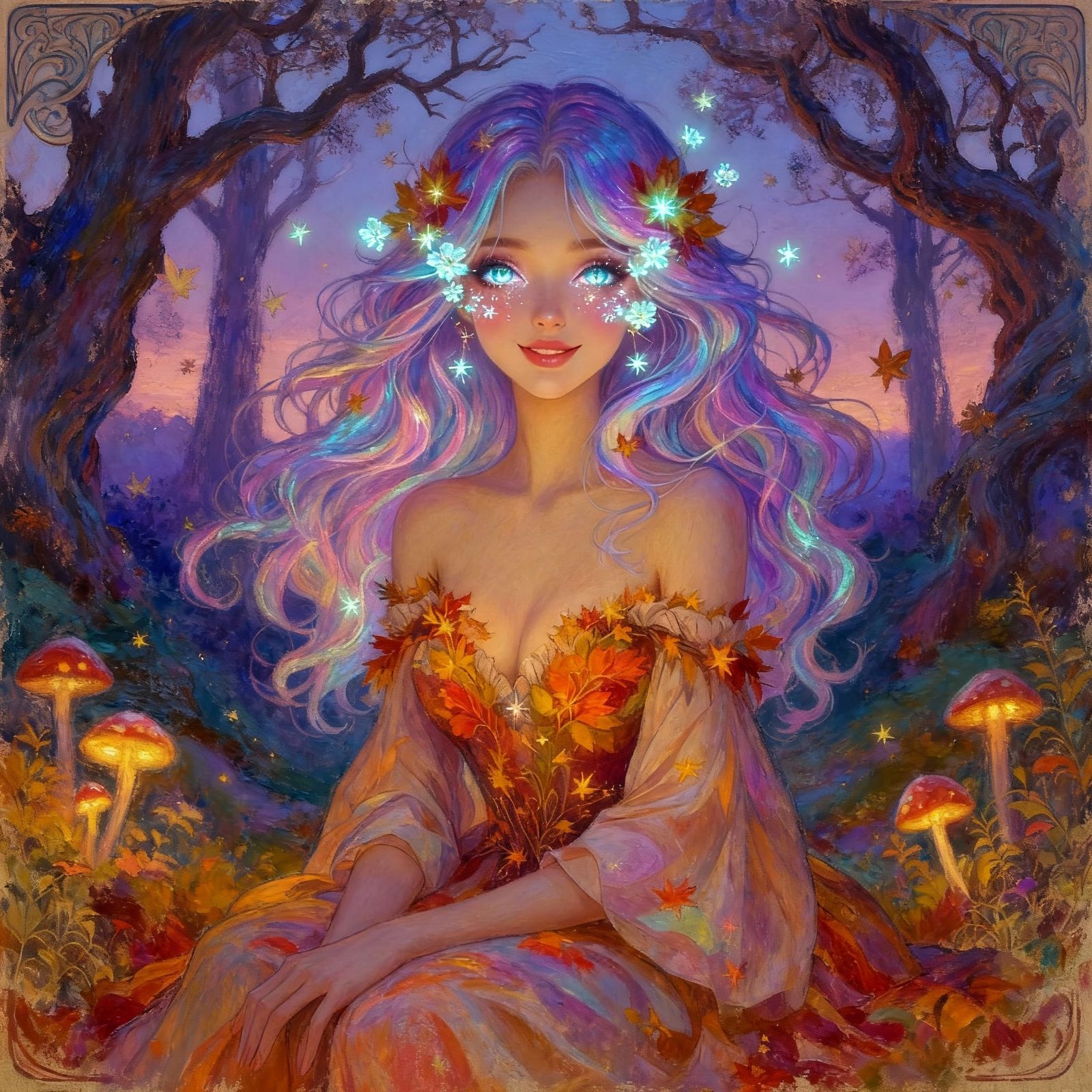 Ethereal Autumn Woman With Bioluminescent Flowers