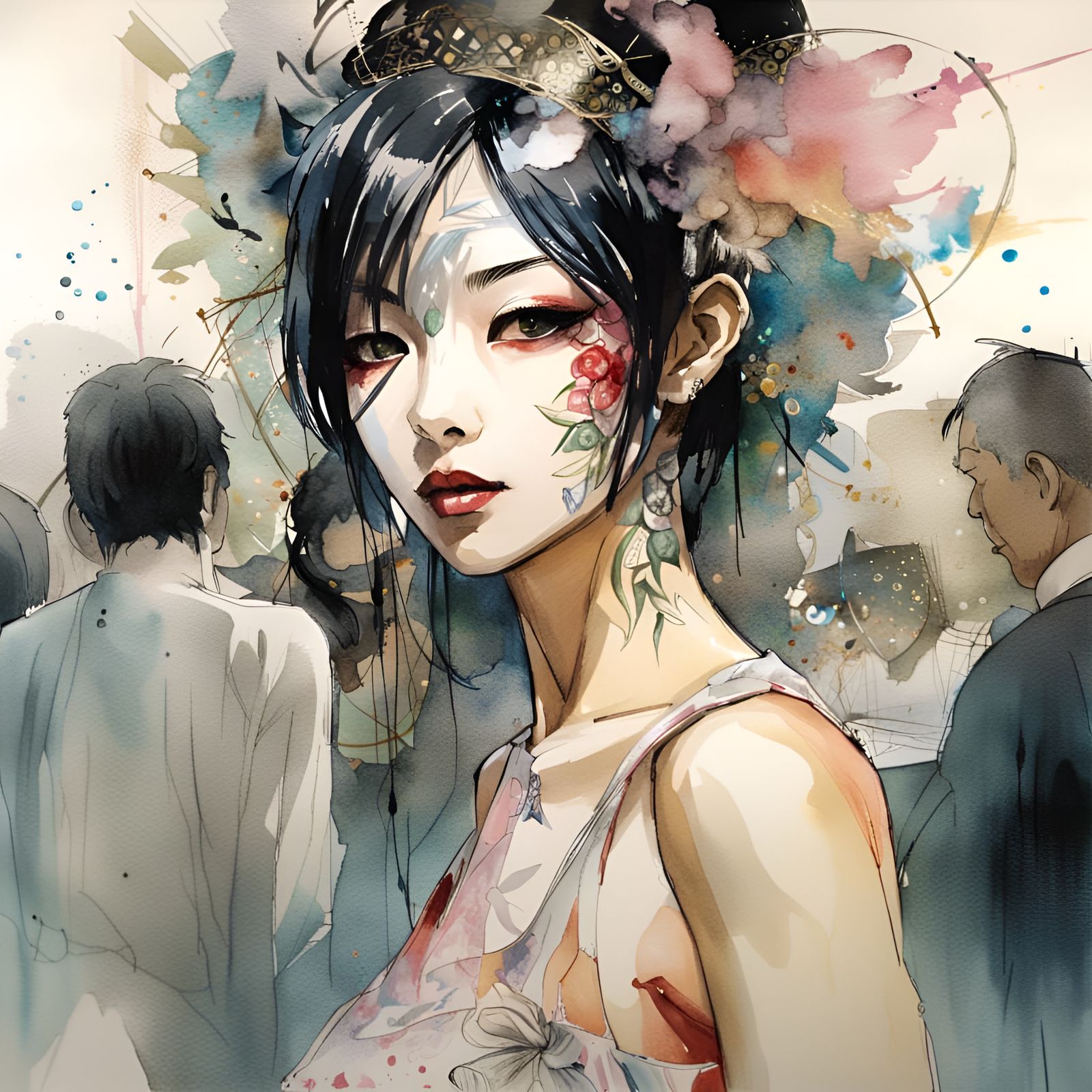 Asian Woman at Rio Party, Watercolor Portrait