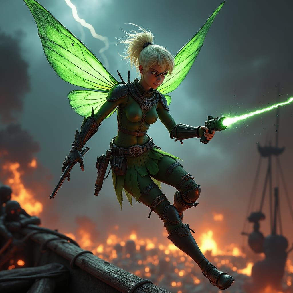 Cyborg Tinkerbell Battles Zombie Pirates in Dark Fantasy