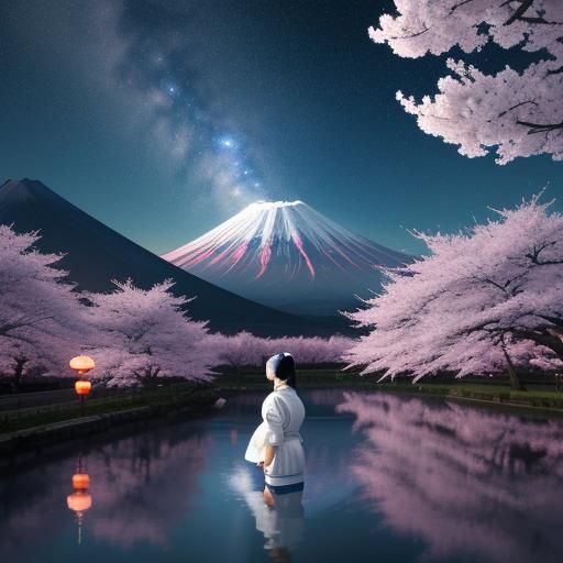 Anime Girl in Futuristic Robes with Cherry Blossoms