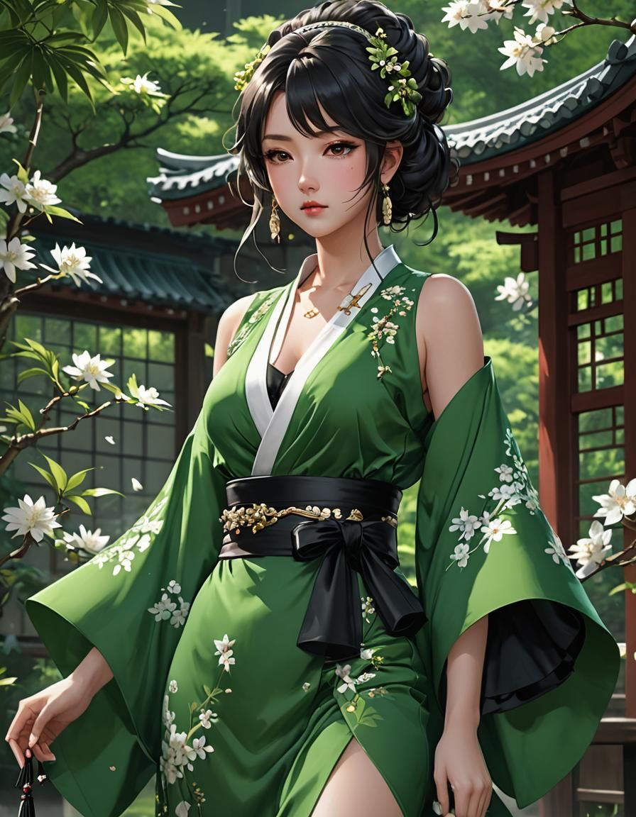Green Kimono: 3D Anime Art Inspired by WLOP