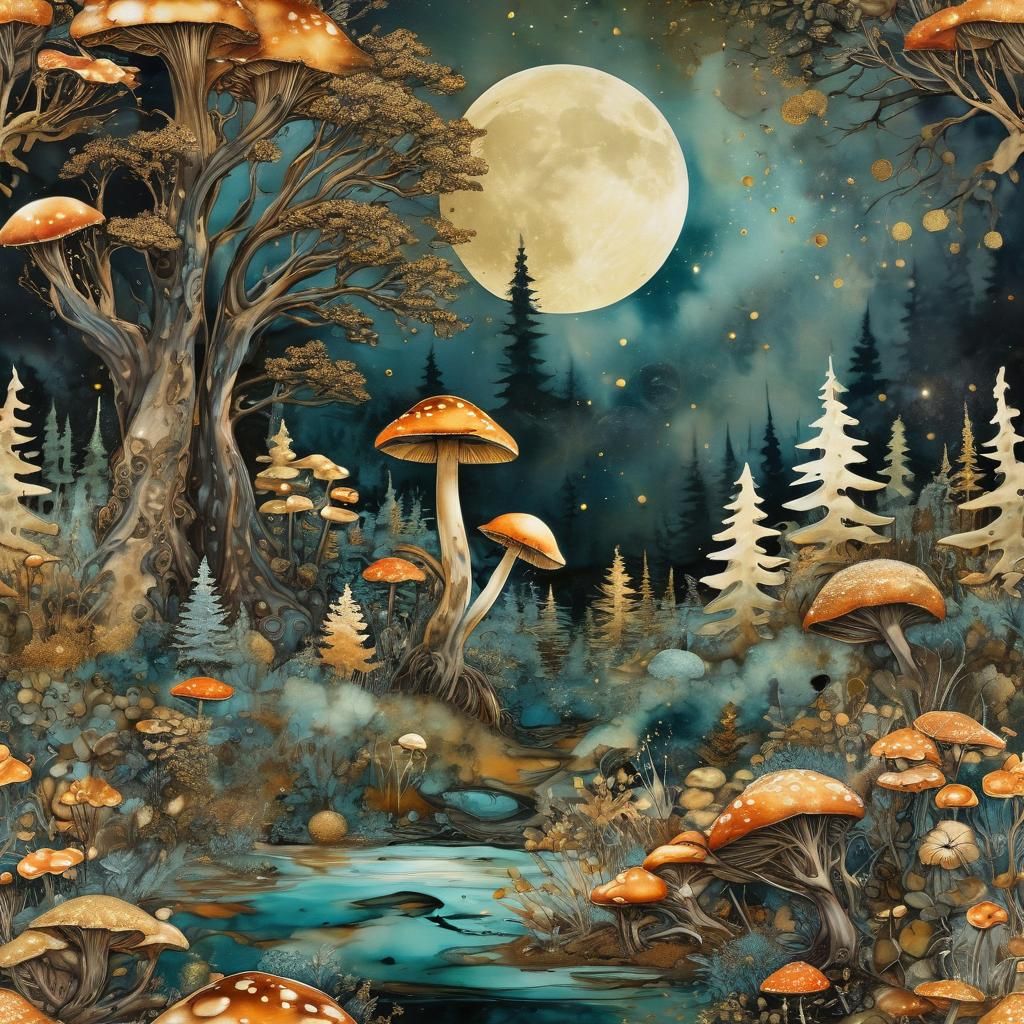 Mushroom Forest on Tortoise with Moon, Alcohol-Ink Marbling