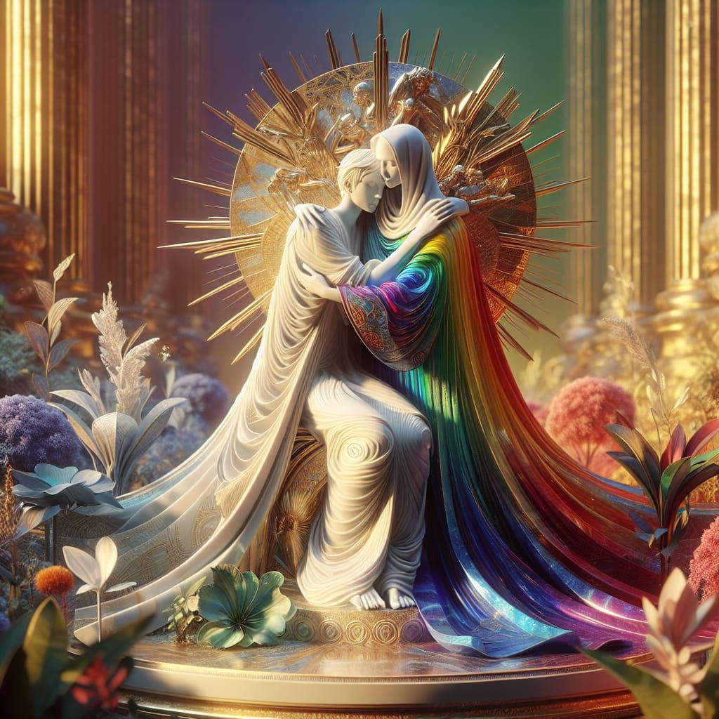 beautiful hugging lesbian couple statue sculpture, award-winning, a masterpiece, broken sculpture, inspired by the works...