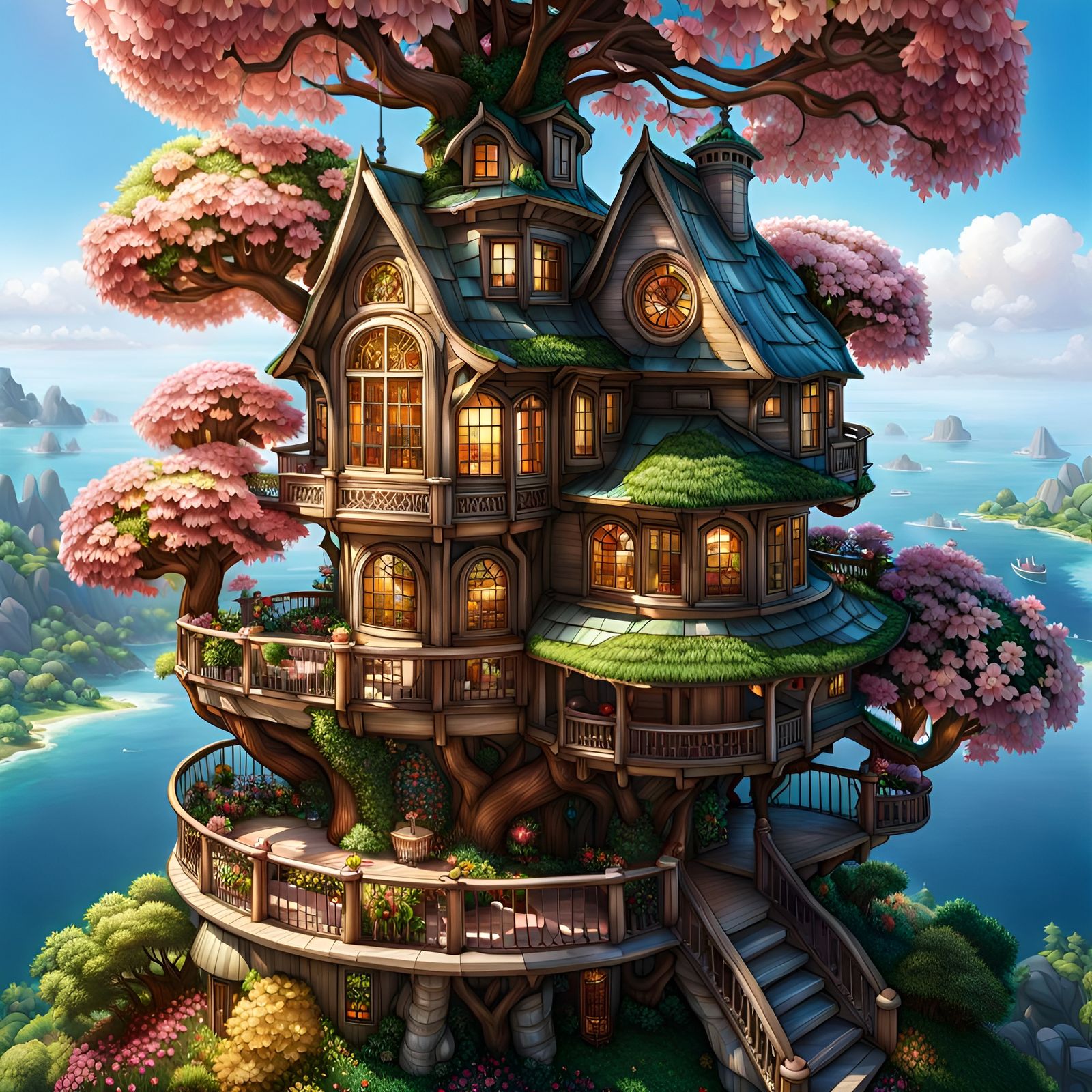 Colorful Sakura Treehouse Mansion on Island