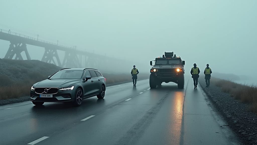 Volvo V60 on Broken Bridge in Dystopian Landscape