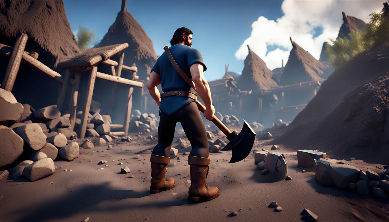 Man Mining Coal in Barbarian Village: 3D Game Art