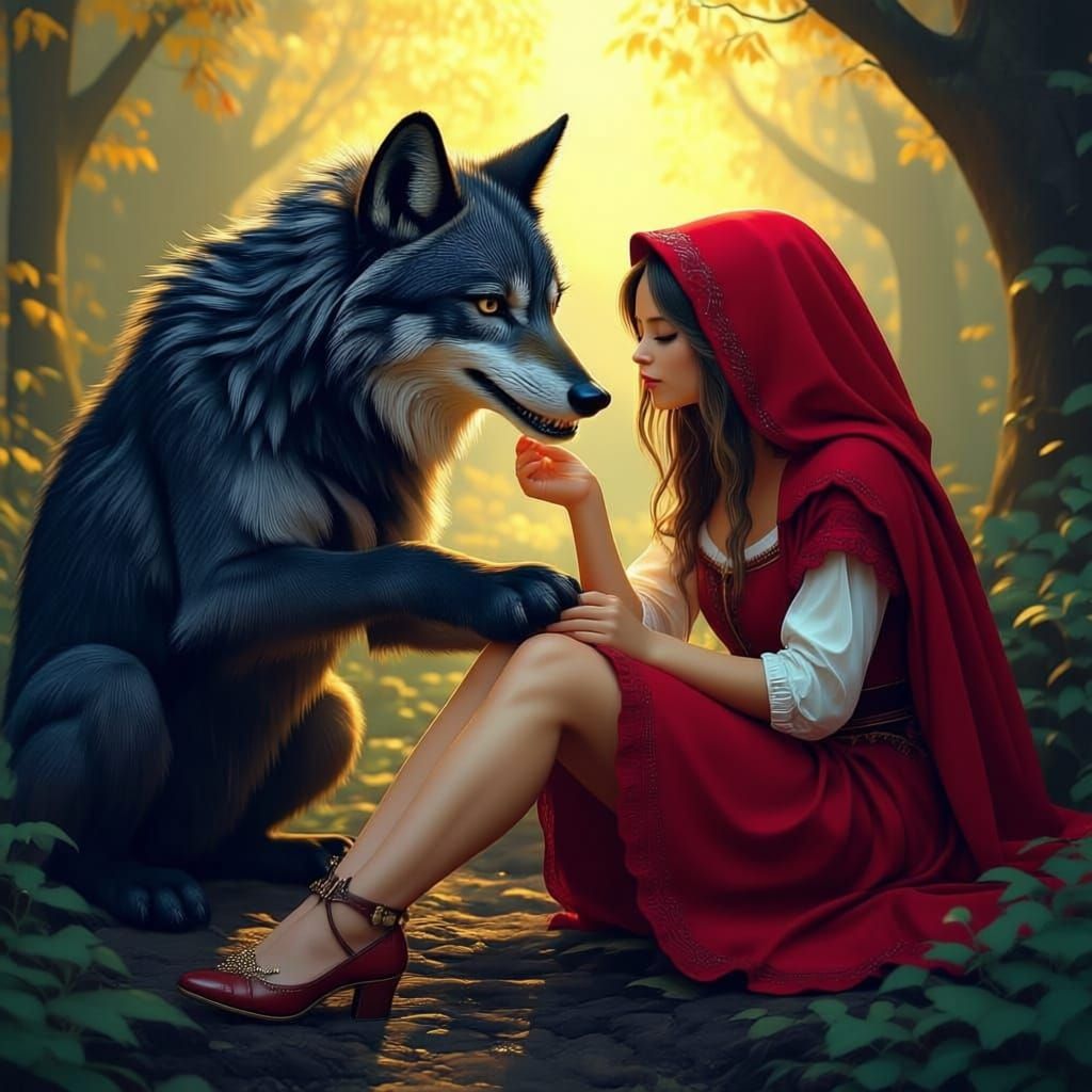 Big Bad Wolf Kisses Red Riding Hood's Foot