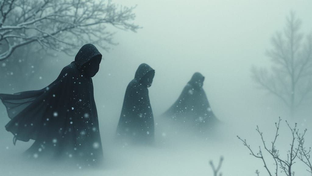 Ethereal Figures Emerge in Winter Snowstorm