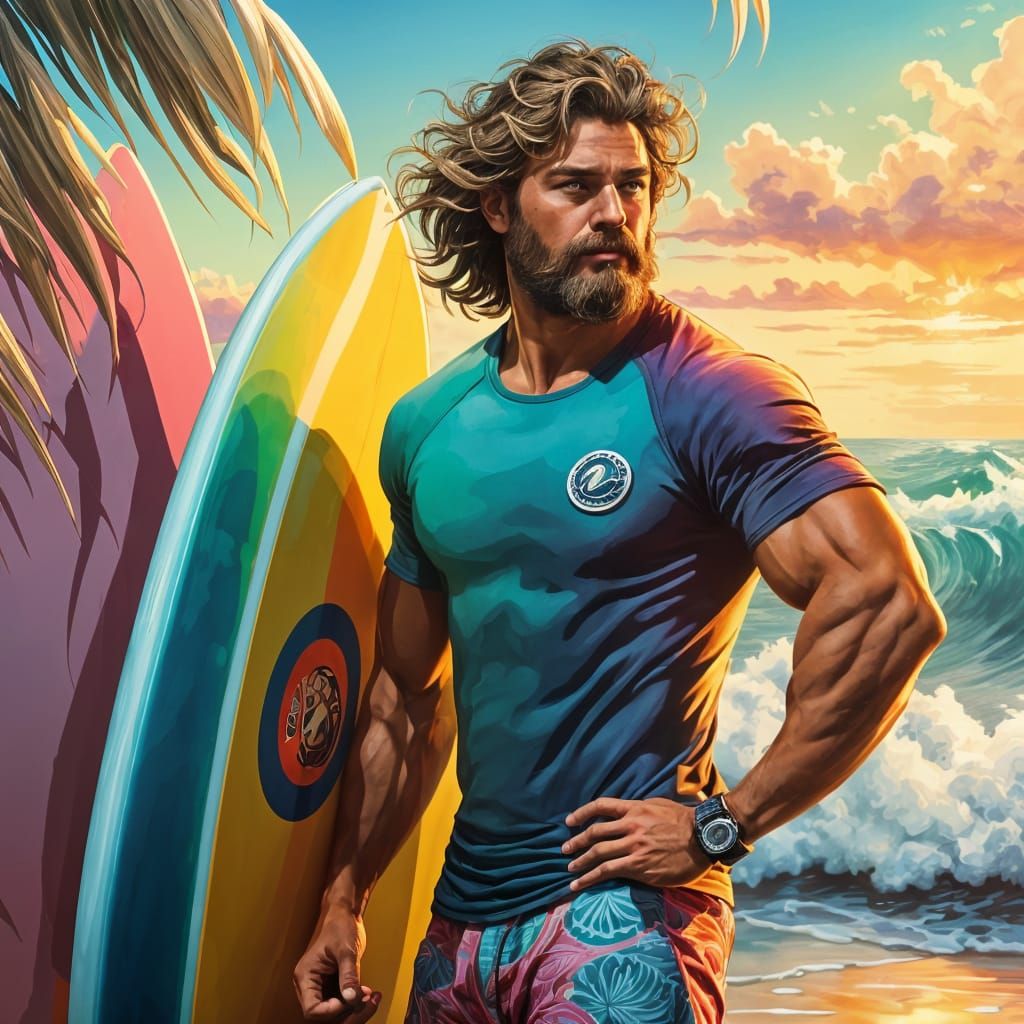 Hyperrealistic Surfer Dude with Surfboard on Beach