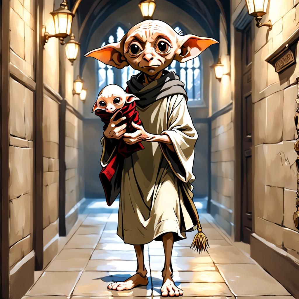 Anime Fantasy Dobby in Hogwarts Holding Sock