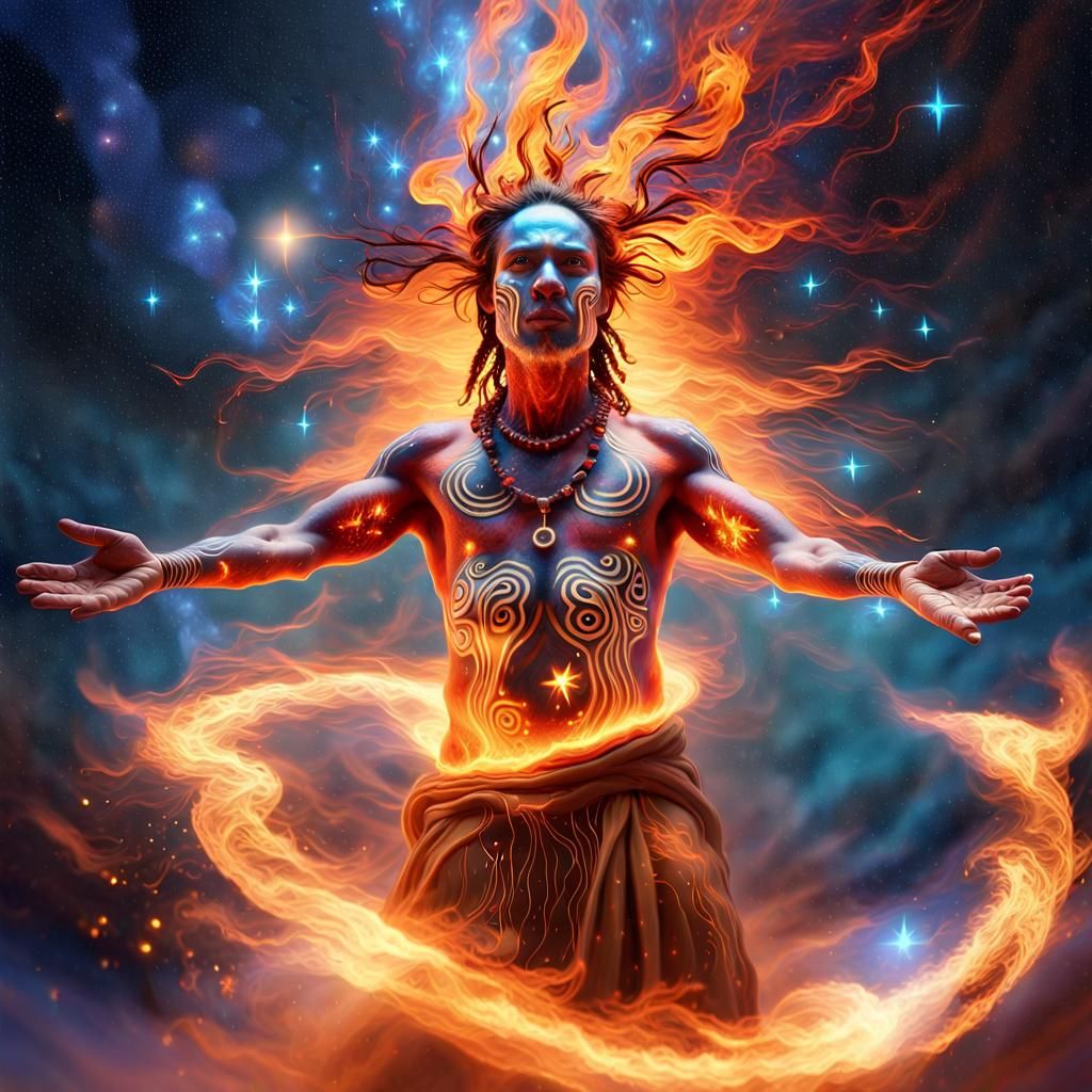 Fire Shaman Emerging from Cosmic Flames