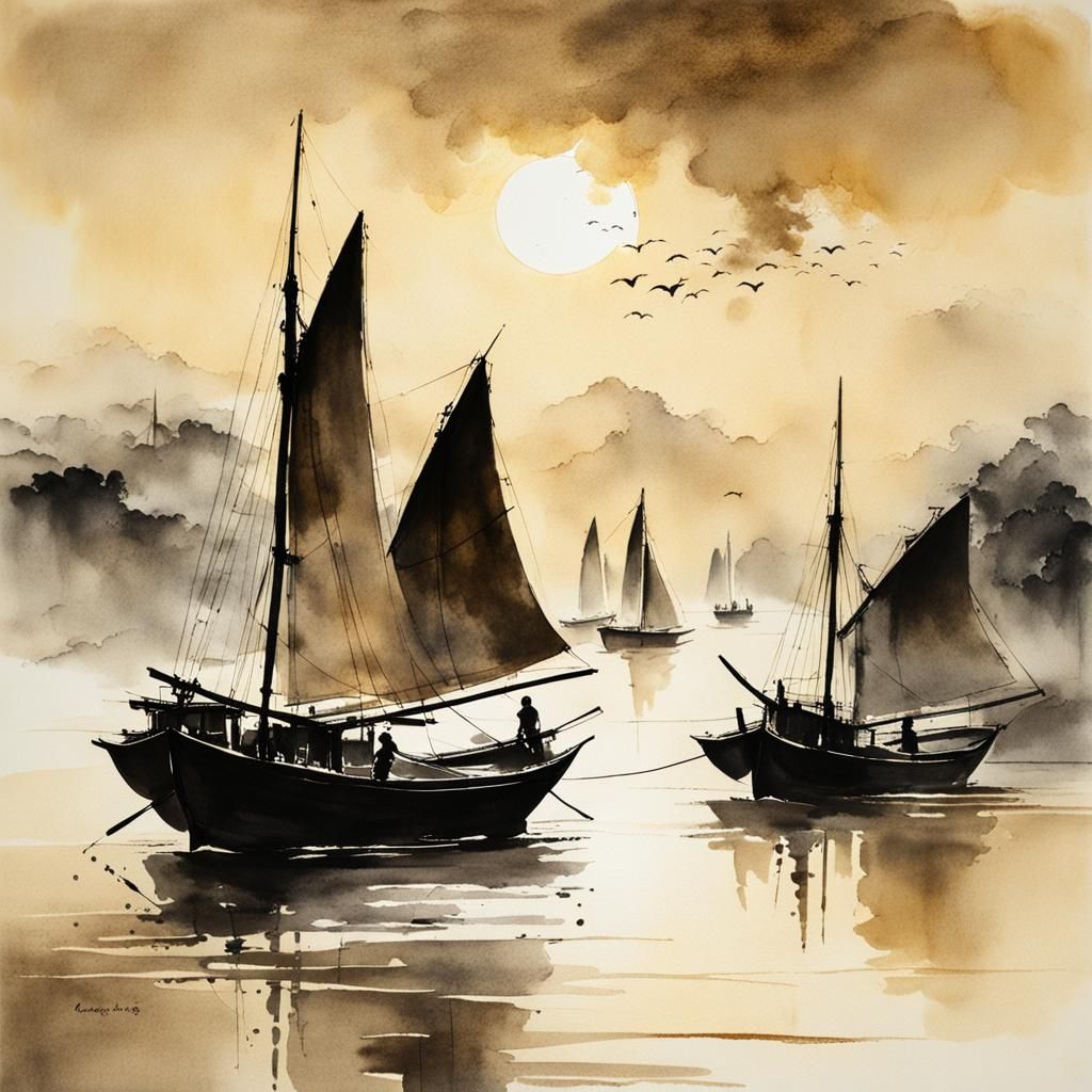 Serene Chinese Junks in Ink Painting Style