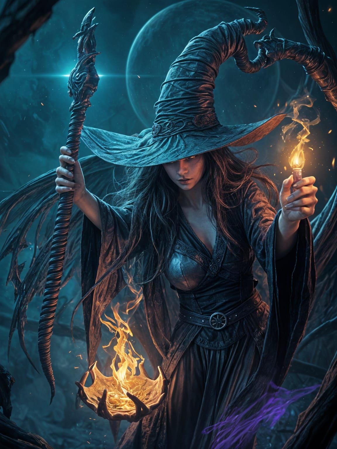 Witch Casts Good Night Spell: Dark Fantasy Art