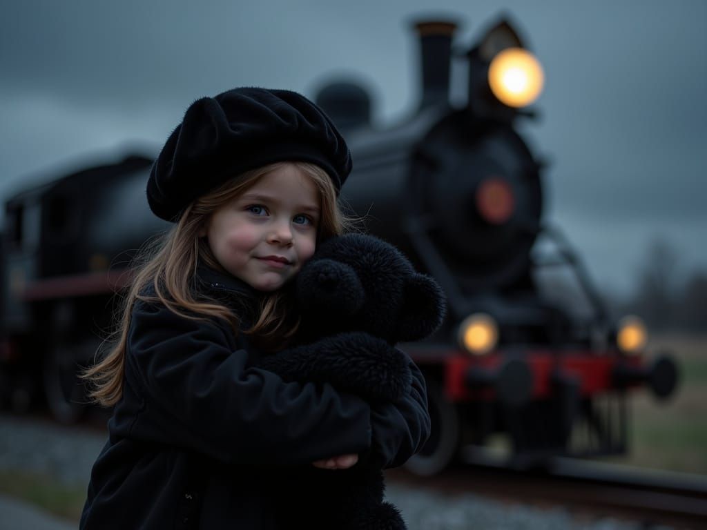 Girl with Teddy Bear at Dark Train Station