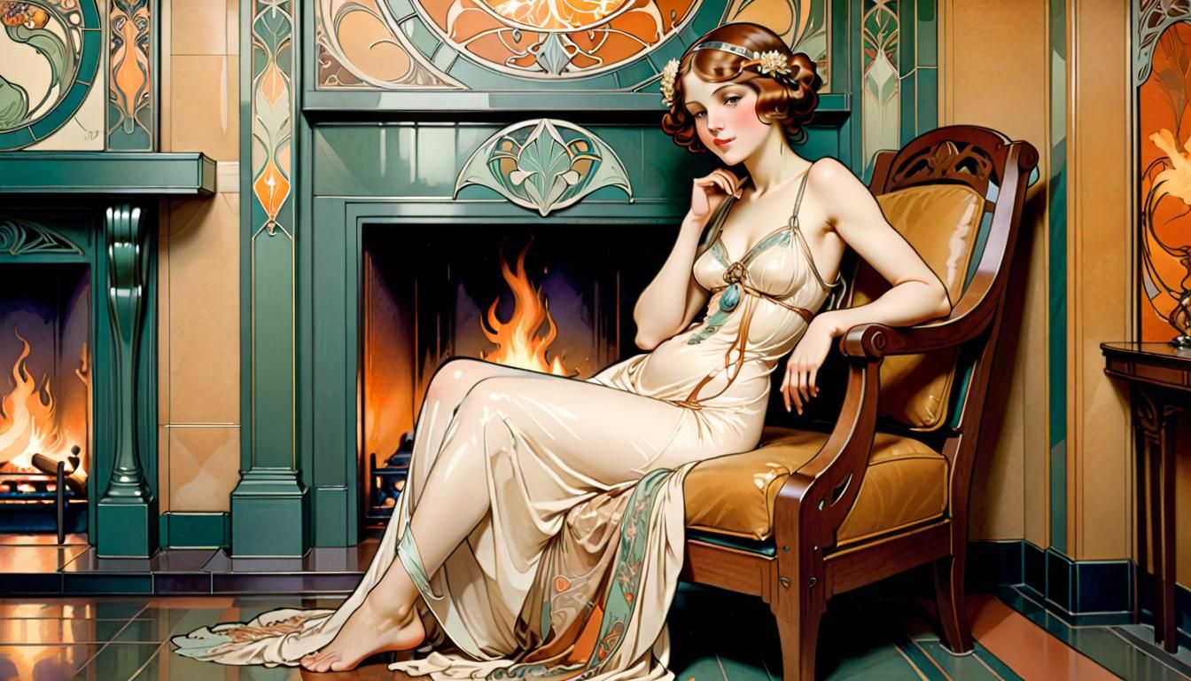 Maiden by Fireplace in Art Nouveau Style