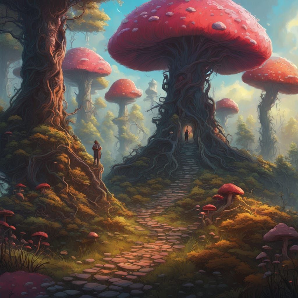 Mystical Forest Pathway in Vibrant, Iridescent Skies