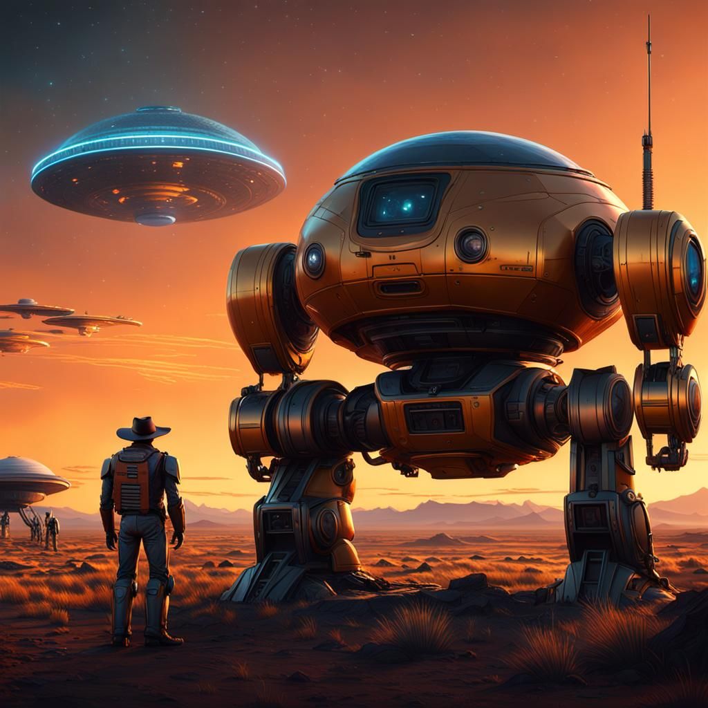 Cowboy Robots Stand Guard Beside a Landed UFO in a Gritty, C...