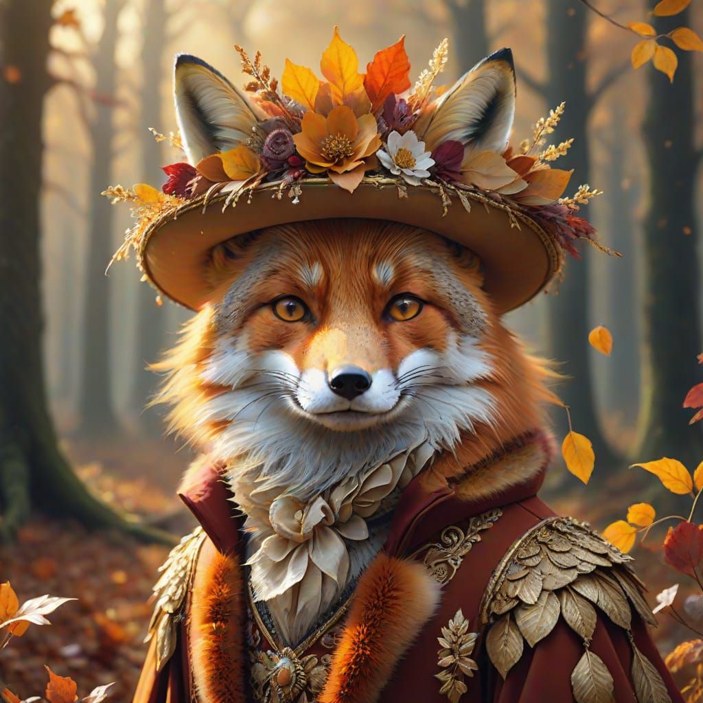 Regal Fox in Autumn Leaf Hat