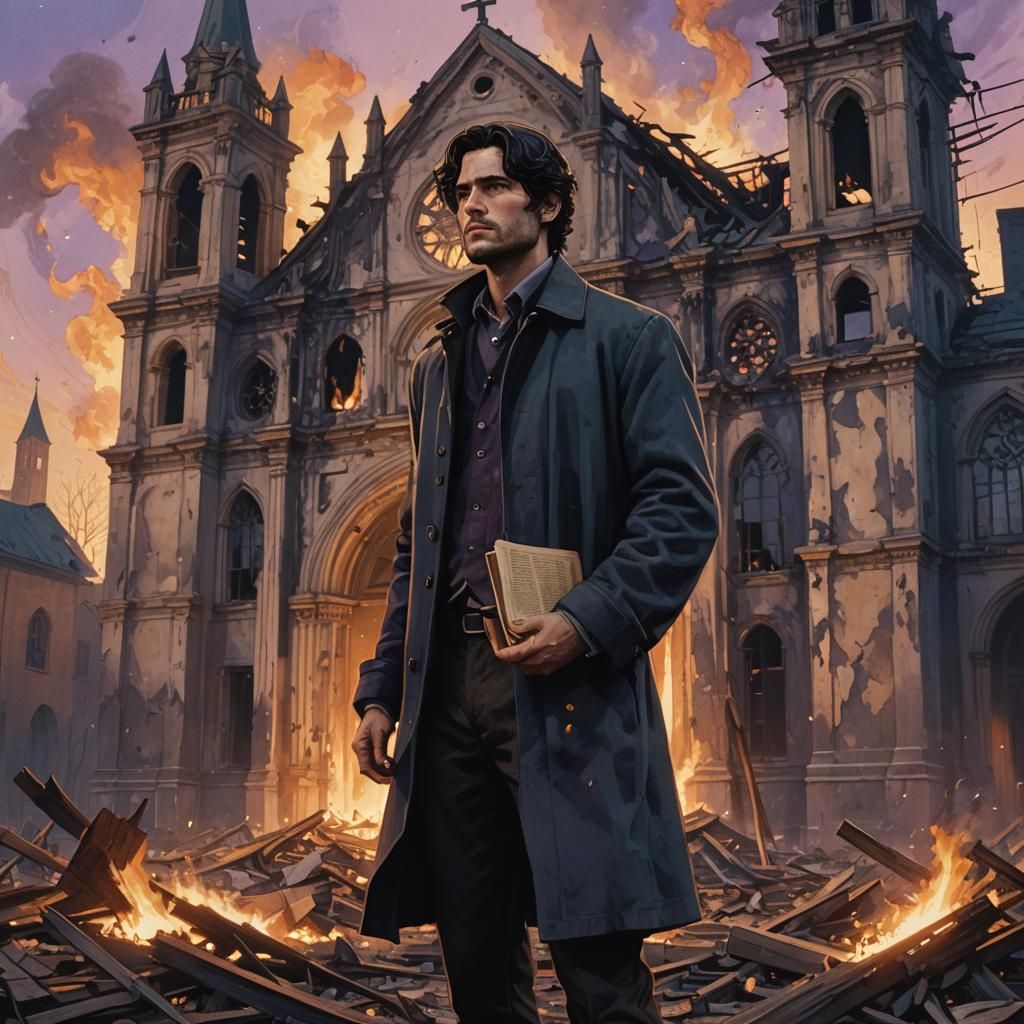 Man Before Burned Church: Fantasy Concept Art