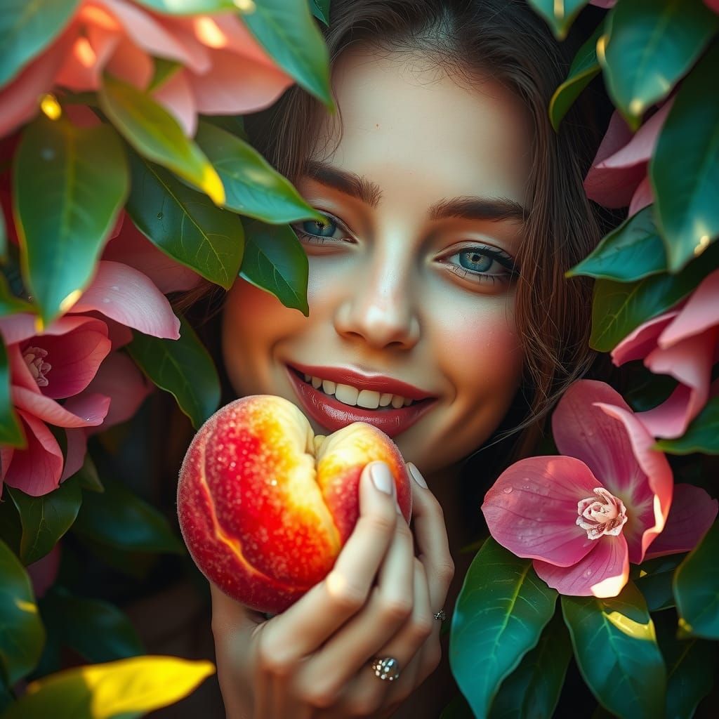 Dreamy Portrait of a Woman Peeling a Peach