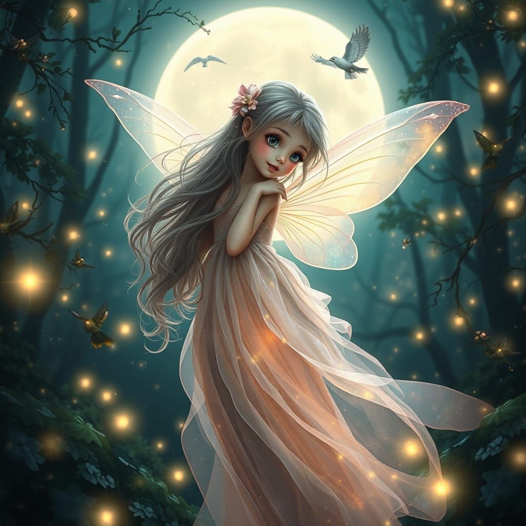 Moonlit Fairy Enchants in Hyper-Realistic Fantasy Forest