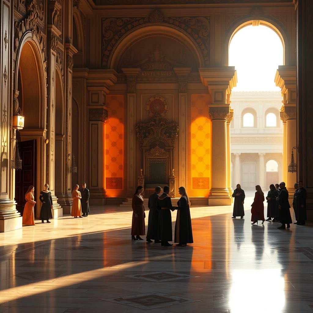 Regal Palace Courtyard at Dawn in Fantasy Style