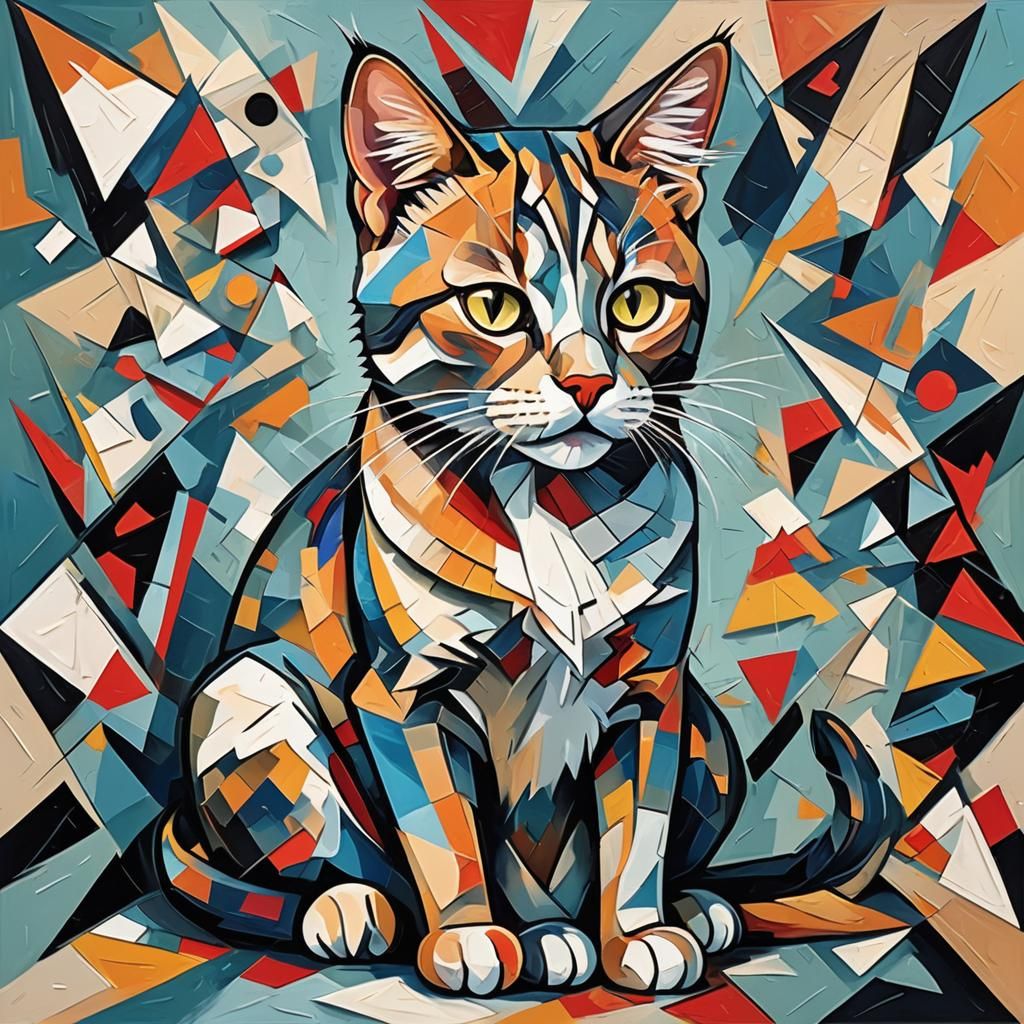 Cubist Cat: Abstract Geometric Oil Painting