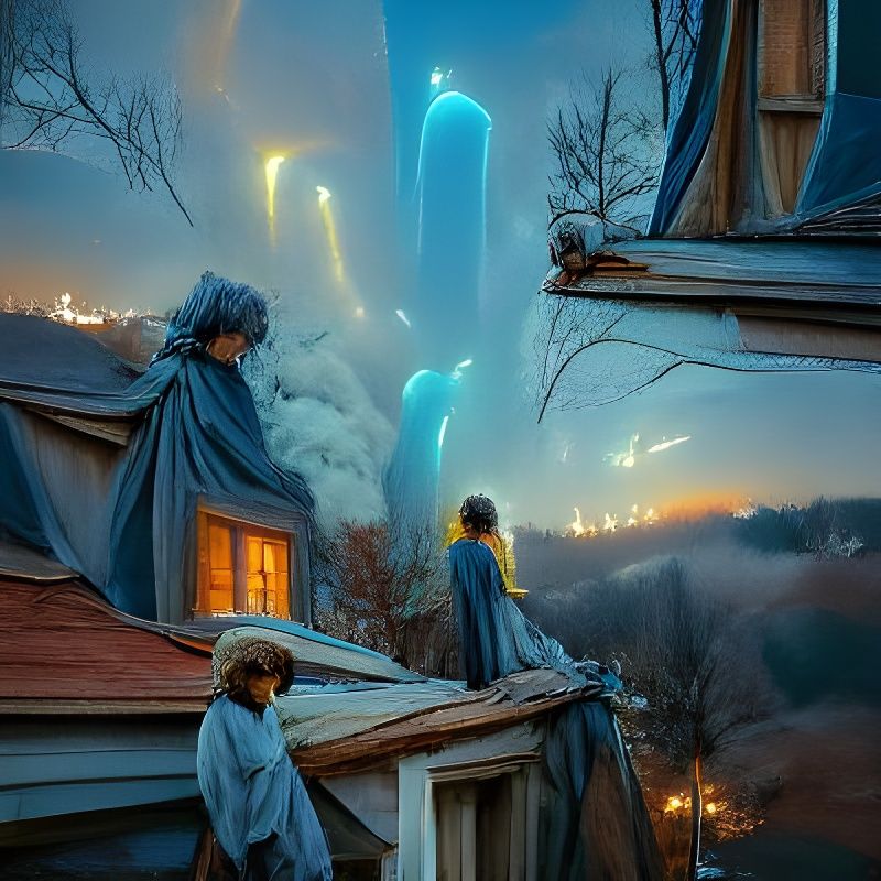 Angels on Balcony: Noctilucent Landscape Illustration