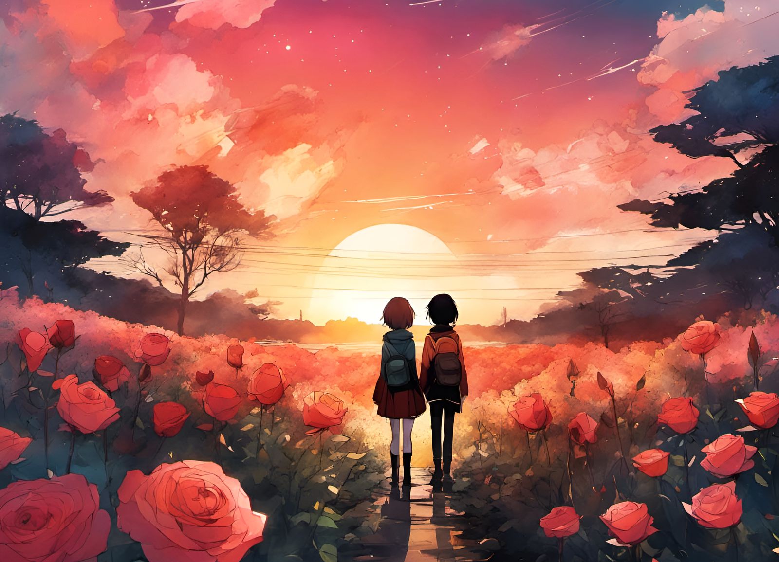 Anime Friends in a Rose Garden at Sunset
