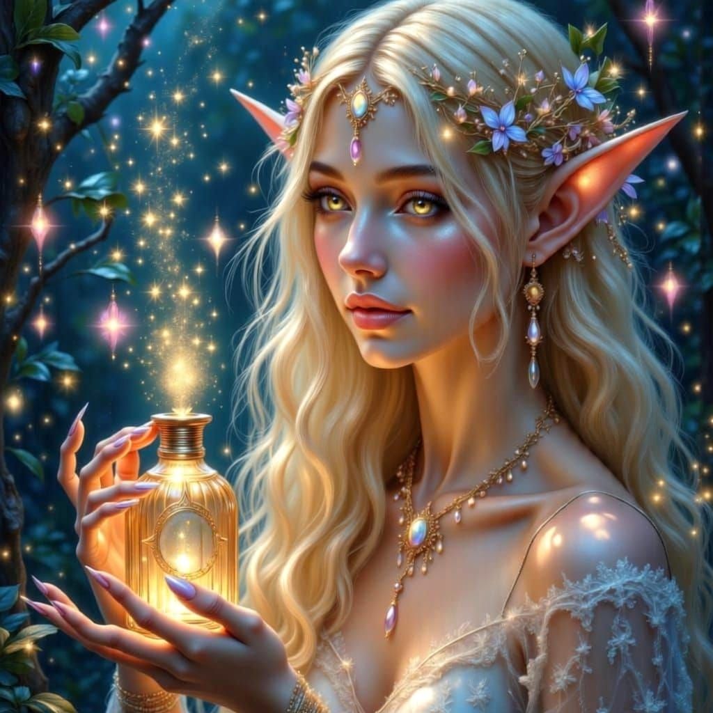 Elf Woman Creates Peace Potions with Stars and Hearts