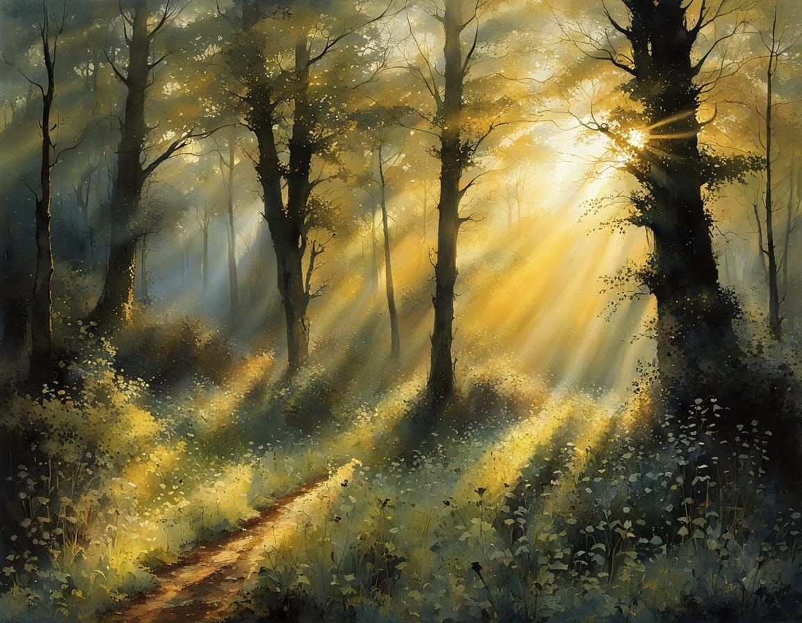 Morning Sun Illuminates Enchanted Forest Glade