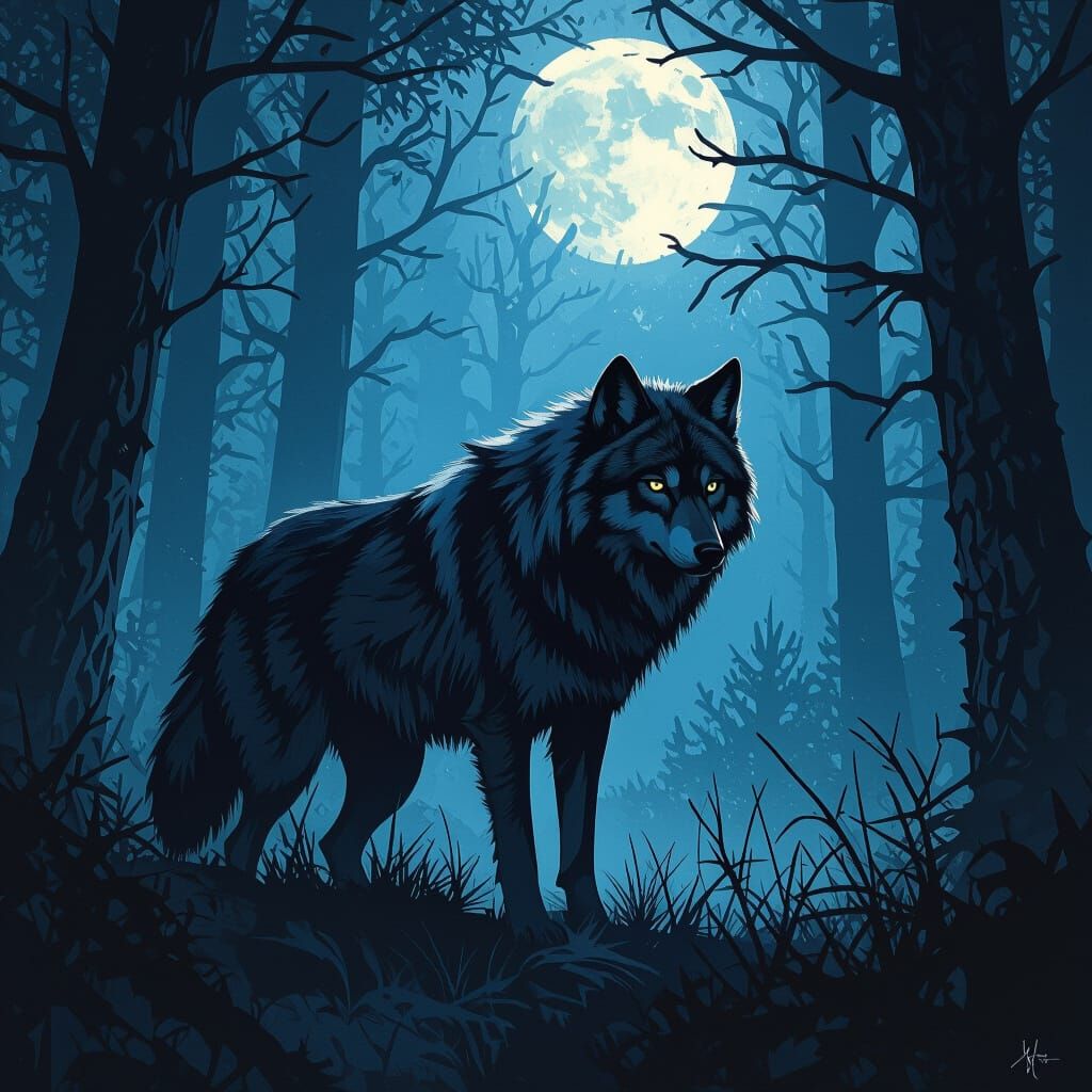 Wolf in Mystical Forest with Dramatic Lighting