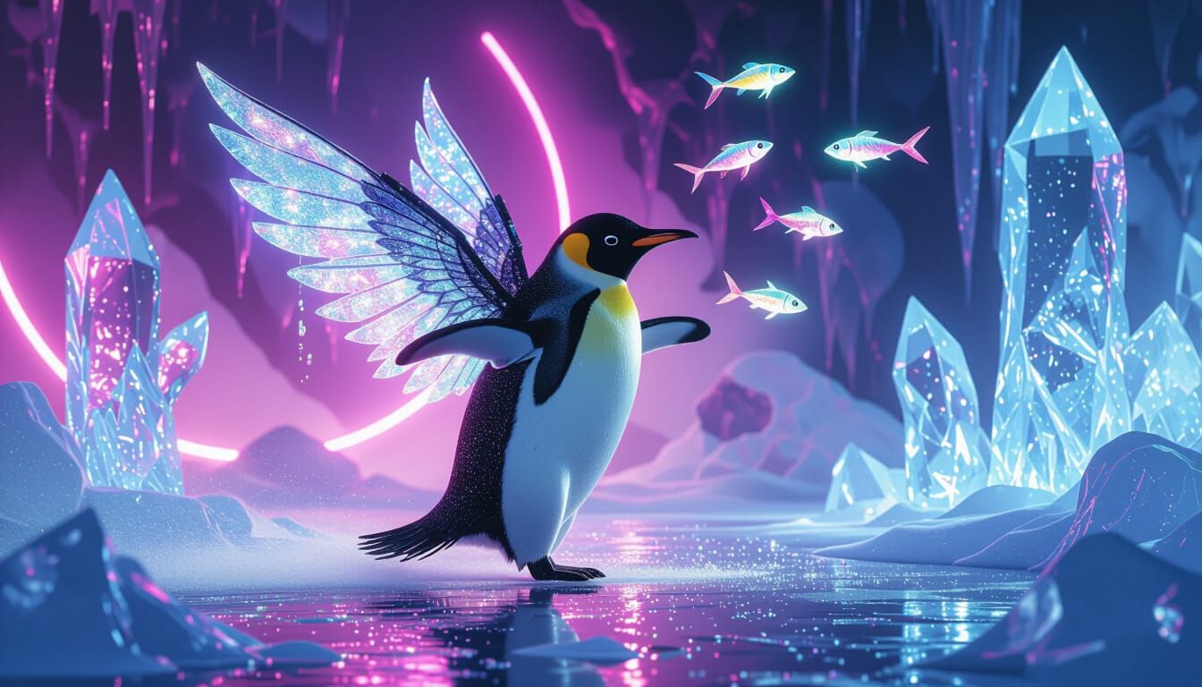 Penguin Fairy Juggles Fish on Ice in Klimt Sci-Fi Style