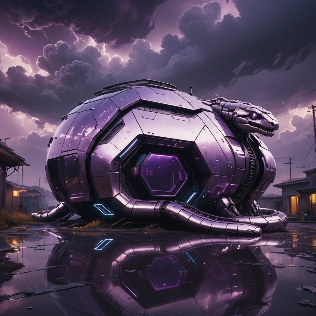 Cyberpunk Serpent Robot Coils Around Future House