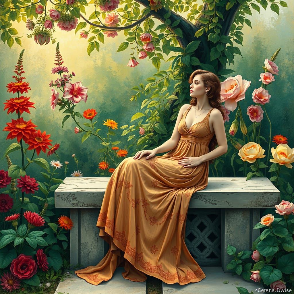 Woman in Elegant Art Nouveau Dress Amidst Vibrant Flowers