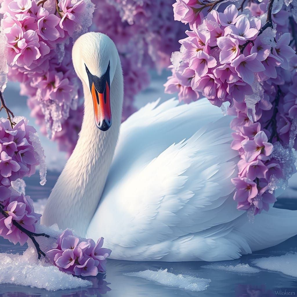 Swan with Lilacs on Frozen Lake, Dreamy Art