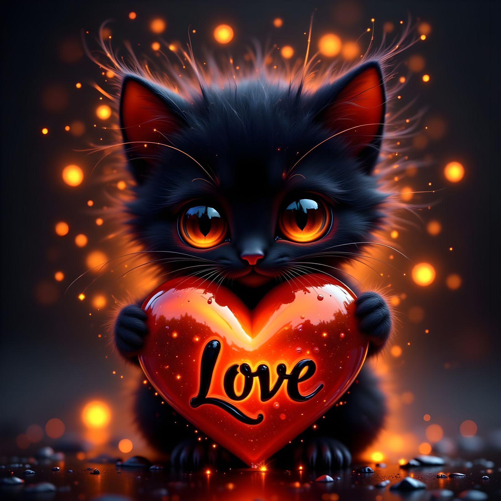 Cute Kitten Holding Valentine Heart with Halloween Glow
