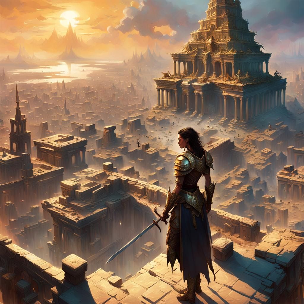 Female Warrior Overlooks Ruined Cityscape in Fantasy Art
