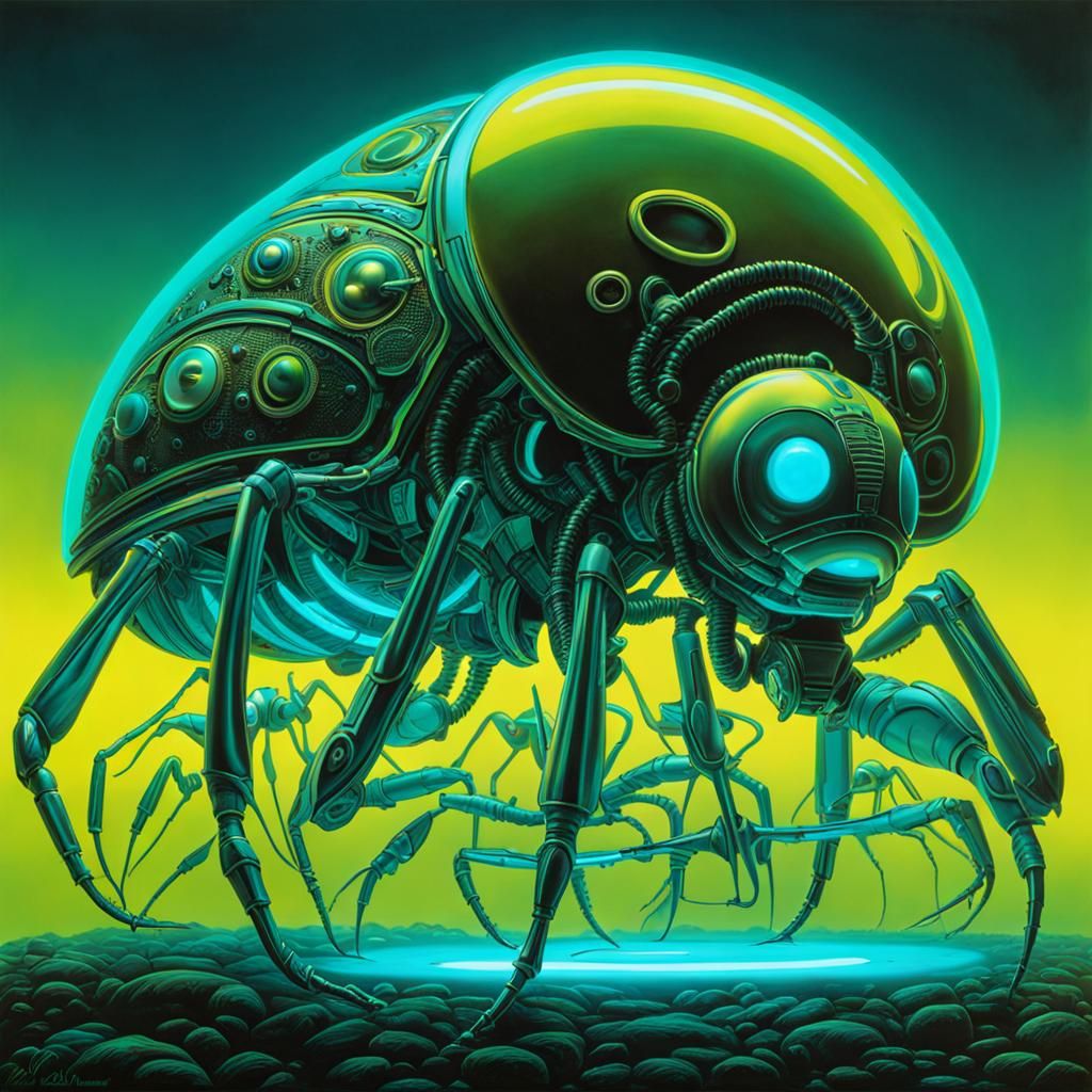 Bioluminescent Biomechanical Ant in Bio-Art Style