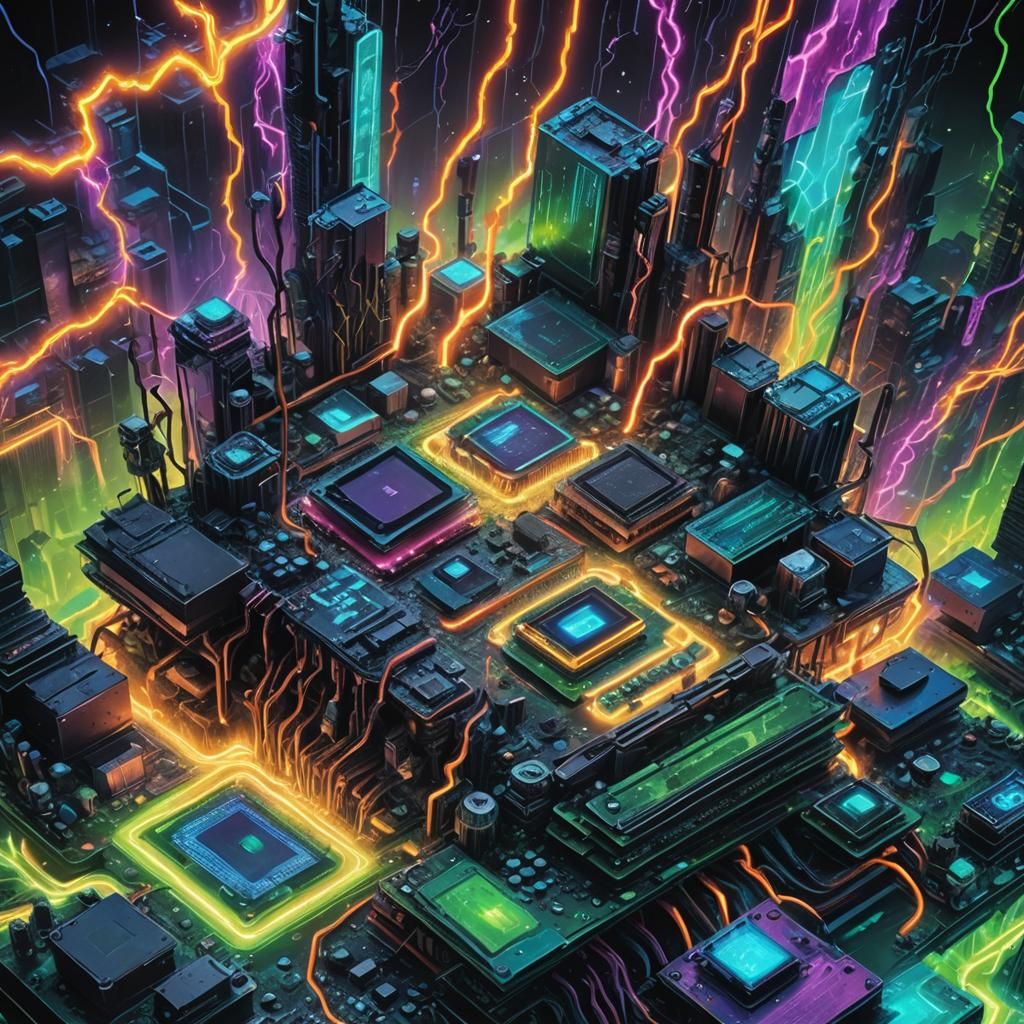 Electric Motherboard Pulses in Cyberpunk Cityscape