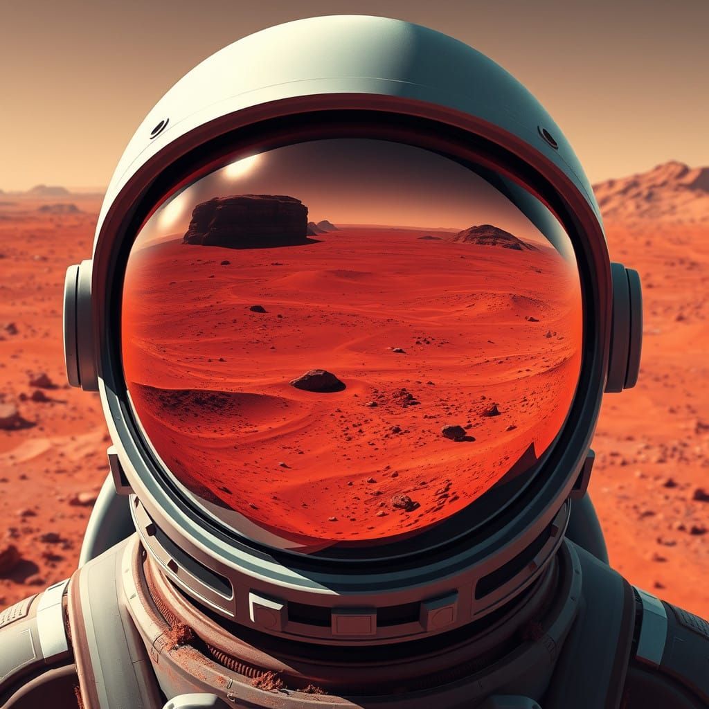 Astronaut Helmet Reflects Mars Landscape in Futuristic Style