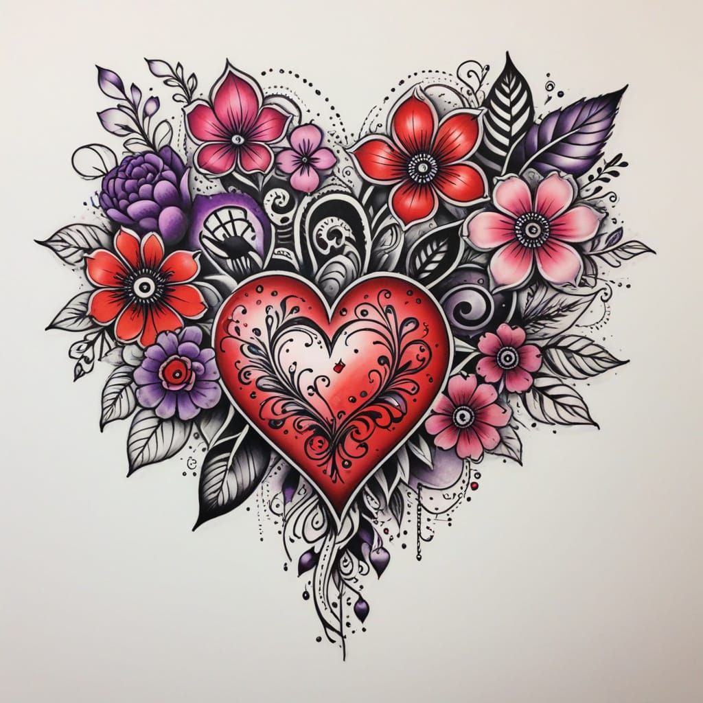 Tattoo Flash Sheet: Heart and Flower Clusters in Vivid Color...