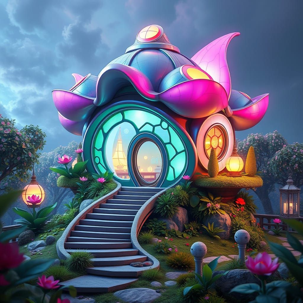 Surreal Futuristic Flower House in Dreamlike Environment